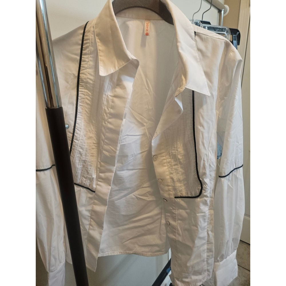 Zootn Women White‎ Tuxedo Shirt Pleated Bib Long Sleeve Black Piping Trim Small